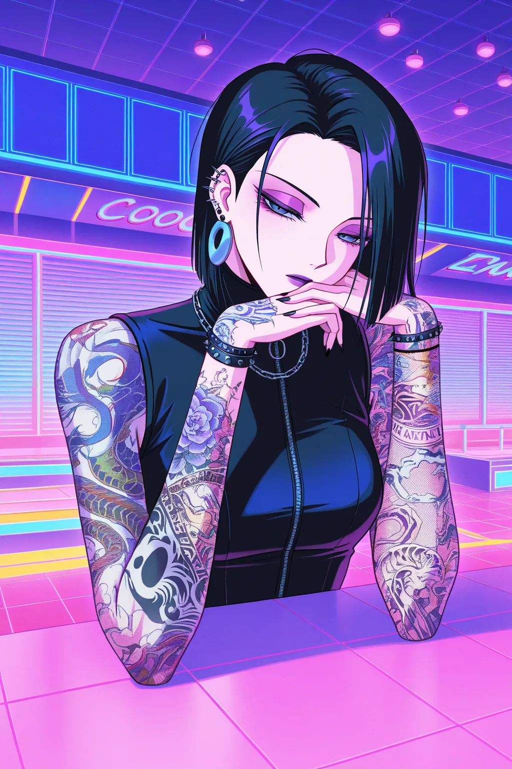  punk, cool beauty, solo woman, black hair, slender body, half-closed eyes, rest, Japanese exotic fashion, Zen motif room, geometric, Vaporwave,