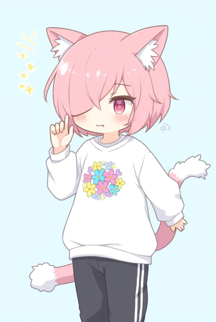 Flower cat，hairy，hairy的，Bust Avatar，White sweatshirt with colorful pattern，Black casual pants，White Stripes，Q version，Lovely，simple art style，Cartoon Style，half lidded eye，Acting cute，Stick out your tongue，tension，Pink hair with ears, White hair on ear tip...