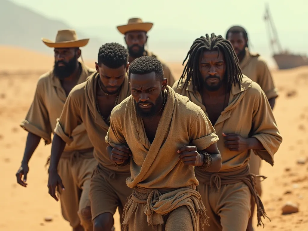 3 black people with a very sad face wearing shipwrecked clothes, being carried by white-skinned Spanish men in colonial clothes, in a desert 