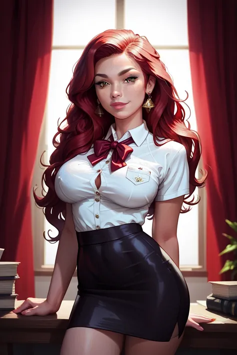 long haired girl with burgundy hair, short pencil skirt, fitted shirt , curvy 