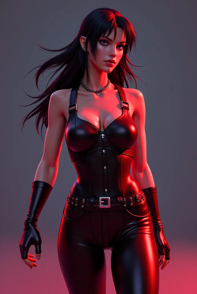 Tifa lockhart. Saturated colours. Caucasian Female. Side view. Cowboy shot. Walking. Photographic. Large round fake breasts. Leather. Latex. No hat. Not wearing a hat