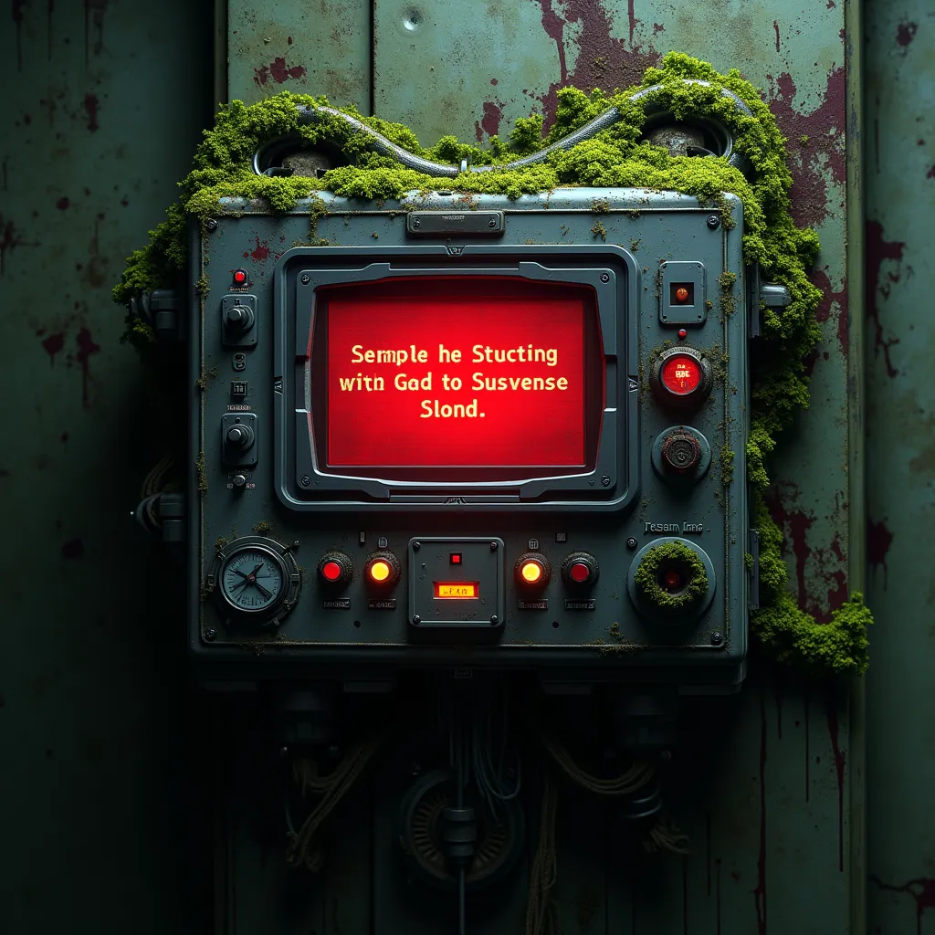 vision 3 /4, A destroyed futuristic control panel, with bare wires, An alert written on the screen in red "Active containment". The panel must be on a wall with moss and blood.