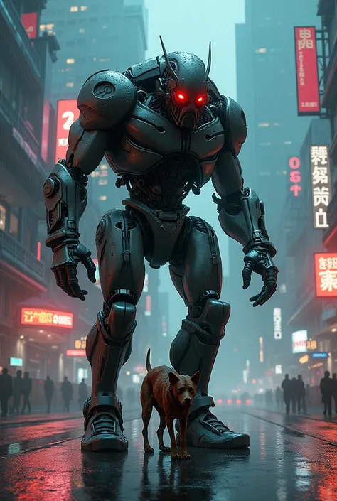 cyberpunk, robot orc, picking up a dog, rain, night