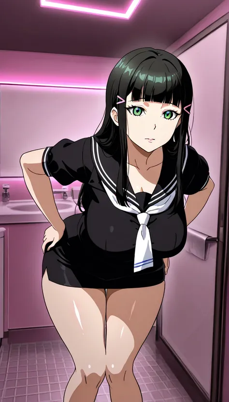 Dia Kurosawa, long hair, bangs, black hair, hair ornament, green eyes, sidelocks, hairclip, blunt bangs, ,  popup,mature woman,  thighs ,[ wide hips,Sailor Top, micro miniskirt, making shiny skin,video viewers, is puffy , place your hands on your hips,   l...