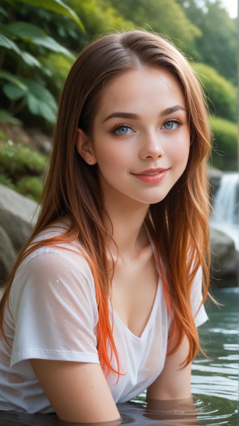  A young and elegant woman with long hair , smooth and vibrant in orange-red color. She has fair skin and light blue eyes.. Your face is delicate, with well-defined features, arched eyebrows and a light smile on her lips. She's wearing a shirt and a little...