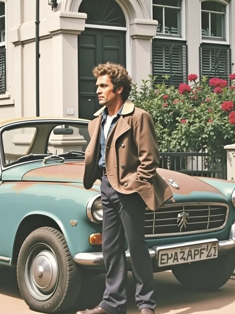 US TV drama promotional posters、Detective Columbo、Stand beside a dull blue ragged 1959 Peugeot 403 convertible、Vintage Car、 unkempt hair、 twirl、The brown trench coat of the dragonfly car 