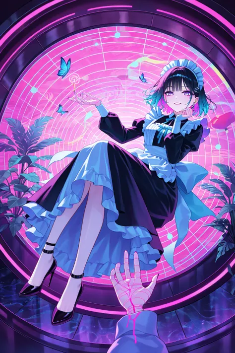 cool beauty, gradation color hair, slender body, rest, maid exotic fashion, tropical motif room, feet out of frame, neon color, Vaporwave,