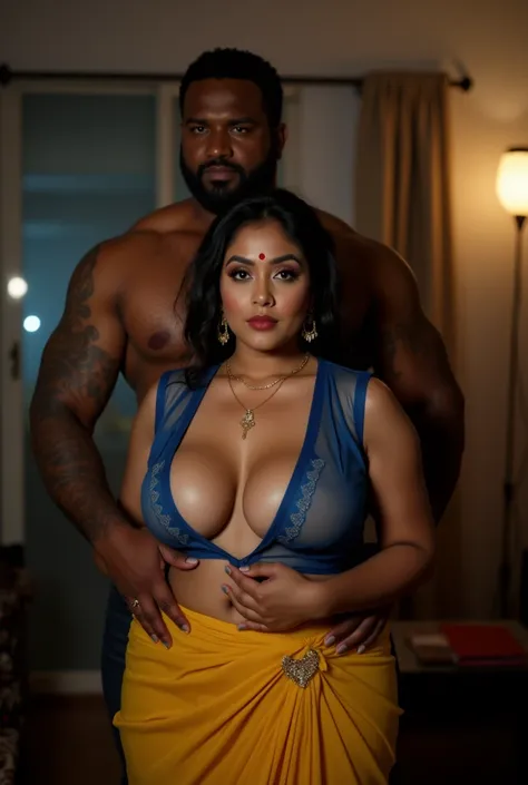 photo of 35 year old ,very thick Voluptuous sexy Indian aunty with white skin, wearing Transparent yellow saree and blue sleeveless Blouse, showing her large U cut Cleavage, Red Sindoor on her forehead,red bindi, Hair messed up, nice curves,, large cleavag...