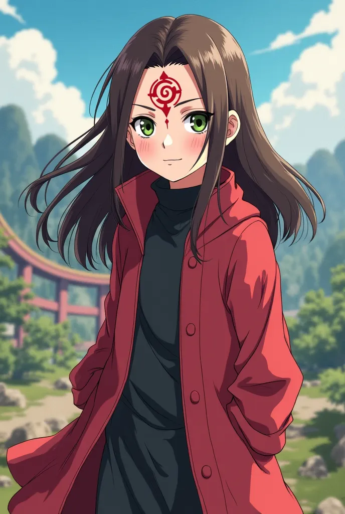  creates an anime character for Naruto sipuden, with the same animation style,  where there is a girl of about  with long brown hair, olive green eyes, and the rhombus on the forehead of the byacugo