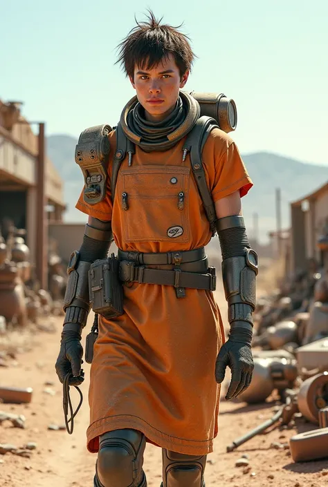 Post-apocalyptic medic with a mechanical arm, wearing a dirty biohazard apron, carrying cybernetic syringes, in a desert junkyard, mix of Western and sci-fi elements."*  