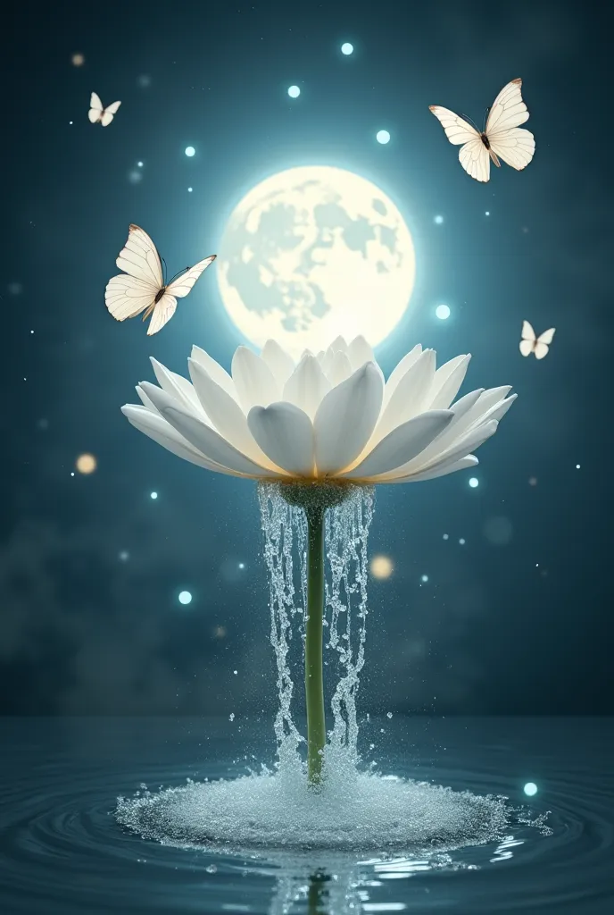  A white flower has shiny white butterflies around it and around it there is a bright white light coming out of the sky as if it communicates with the moon and water comes down from its petals as waterfalls with rainbow-like ripples as if the curves of the...