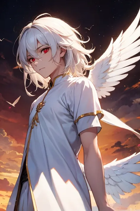  with white hair and red eyes, winged,  white clothes, Angelic look, Male Hair, man