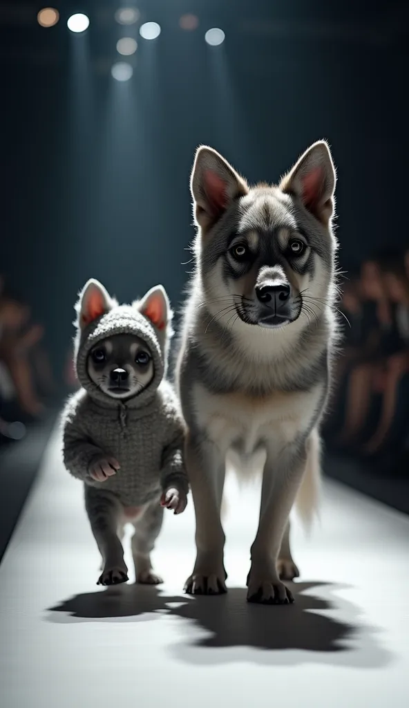 Create a detailed, photorealistic image of  french bulldog walking down a fashion catwalk in a wolf-themed costume. The dog is wearing a fluffy grey wolf costume with pointy ears and walking next to a truly majestic wolf. This scene should capture the cont...