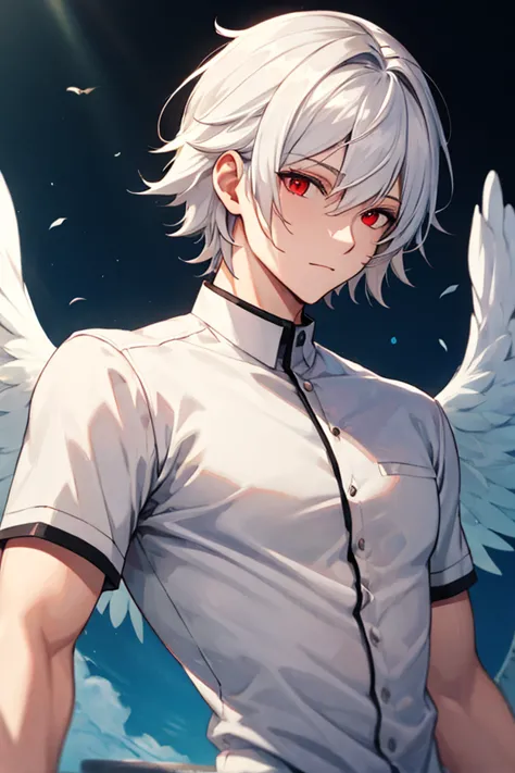  with white hair and red eyes, winged,  white clothes, Angelic look, Male Hair, man,