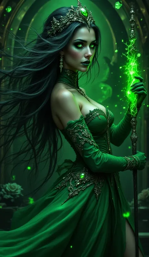 *A fascinating woman embodies the Samaragt witch in a seductive, modern fantasy representation, that shines in deep emerald green. Her voluminous hair flows in lush, shimmering waves — each ray an intense Emerald tone, which underlines her mysterious aura....