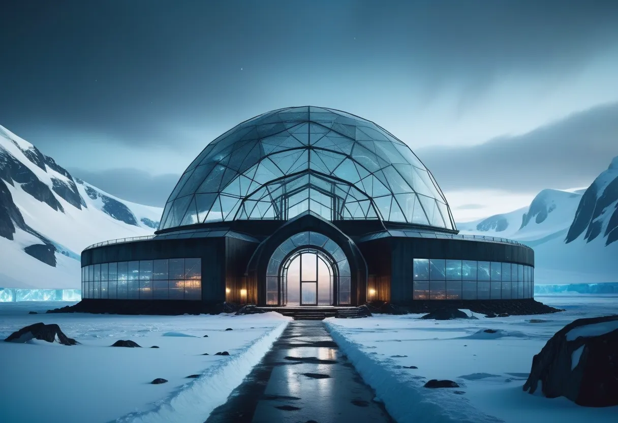 masterpiece, highres, perfect quality, focus on huge futuristic glass dome greenhouse in antarctica, snow and ice, at night, dark and gloomy, dystopian future, cold, industrial, no trees