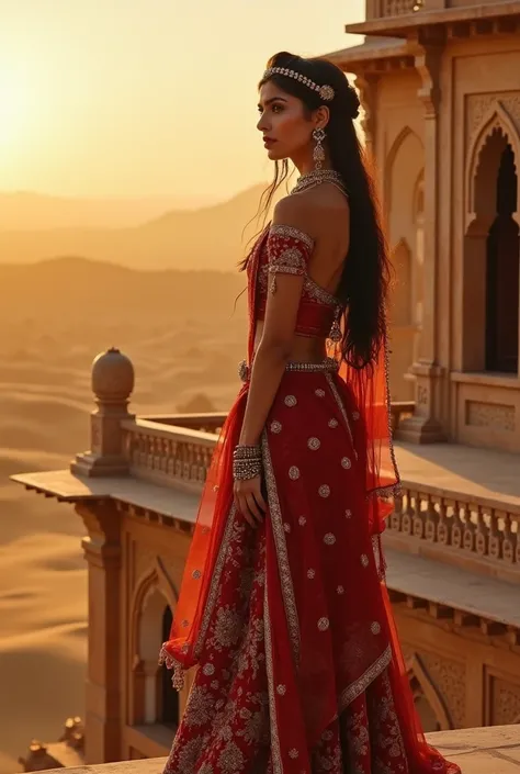 A magnificent palace in the Rajasthan desert, surrounded by golden sand dunes. The palace is made of marble with intricate Rajasthani jali (lattice) windows. Standing on the highest balcony is Princess Mumal, an extraordinarily beautiful woman dressed in a...