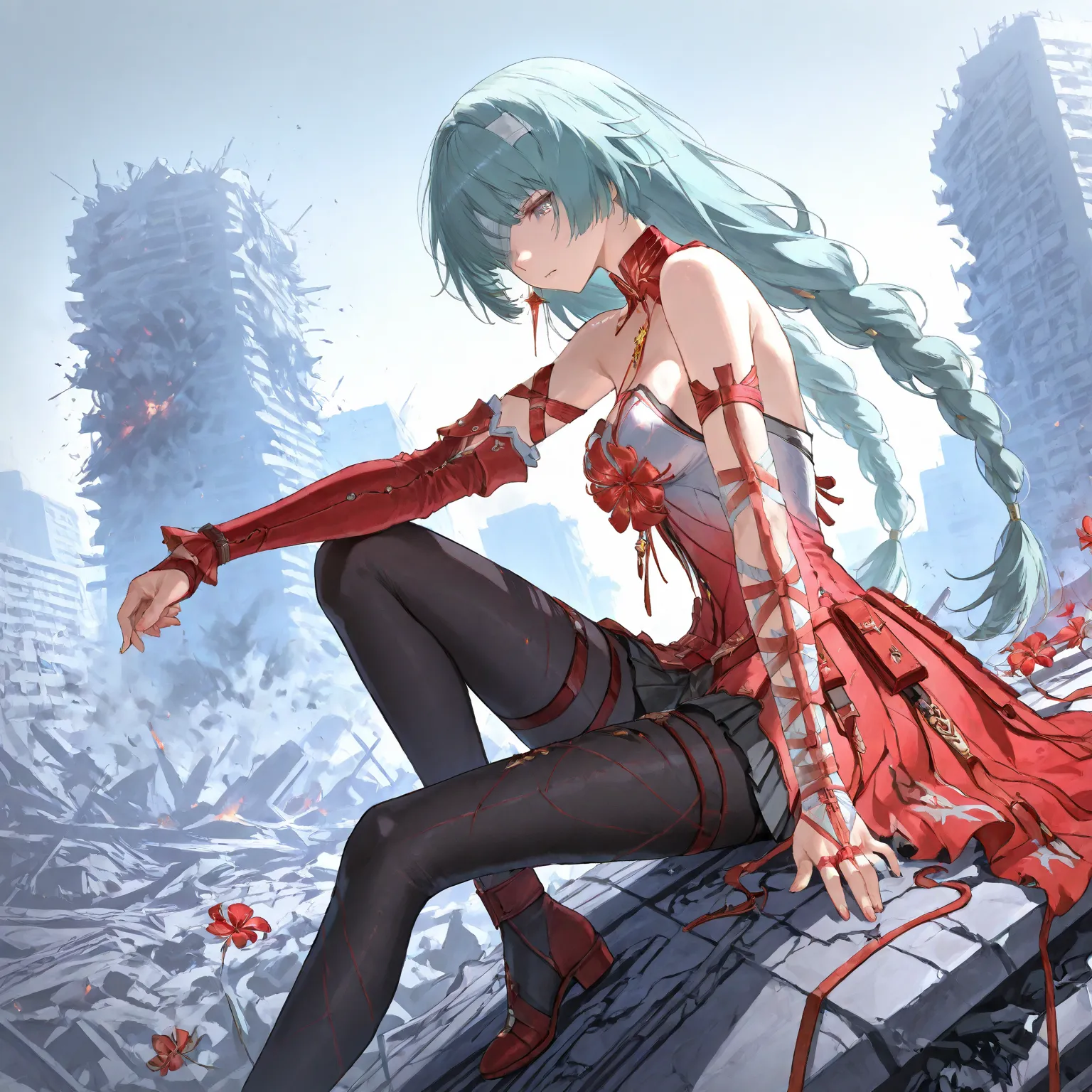 Phrolova (Wuthering Waves), Background of destruction, Sitting on the roof of a destroyed building, looking at viewer, grey eyes, aqua hair, long hair, twin braids, one eye covered, bandage over one eye, red collar, detached collar, chest strap between bre...