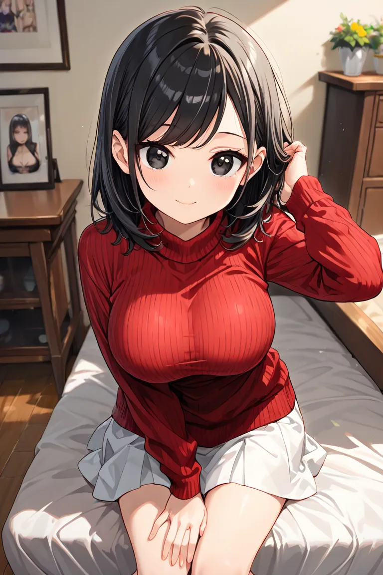 masterpiece, (score_9, score_8_up, score_7_up, score_6_up, score_5_up, score_4_up, super fine illustration, 8K CG wallpaper, best quality, extremely detailed, best aesthetic), 
(1 girl, solo, beautiful girl, cute girl, red sweater), 
(detailed beautiful fa...