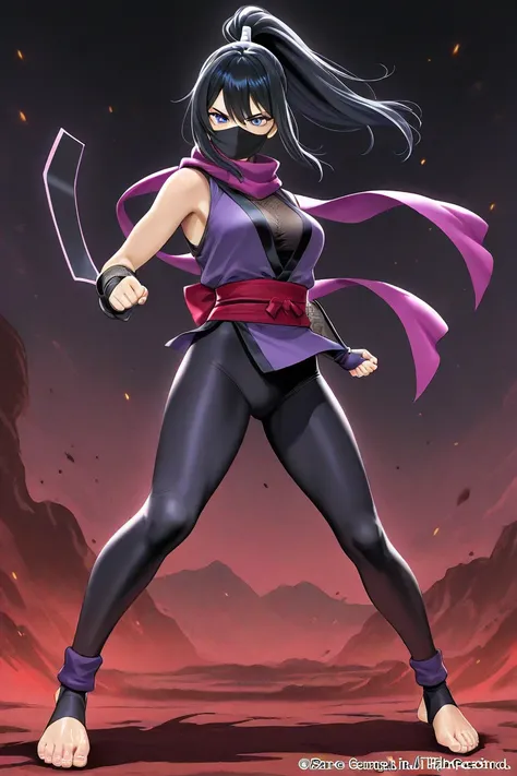 women, asian, black hair, ponytail, spandex, purple ninja, athletic physique, mask, bare feet, wrappings on feet and wrists, sleeveless, ninja scarf, bracers, stirrup legwear