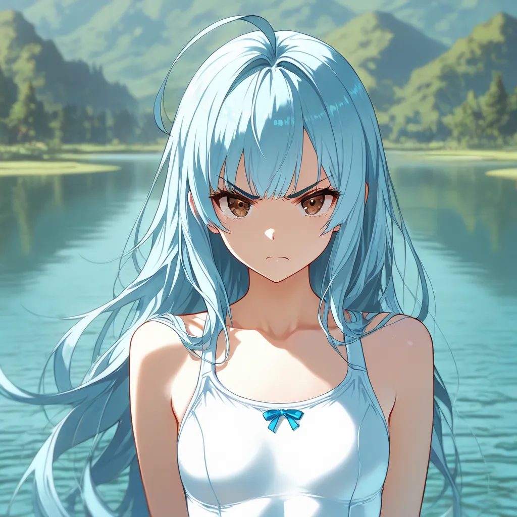 anime style, masterpiece, best quality, woman, ribbon back head, light blue long hair, hair bangs, ahoge, brown eyes,  small breast. white swimsuit,   lake on background,  angry, EyesHD, Detailed Eyes,