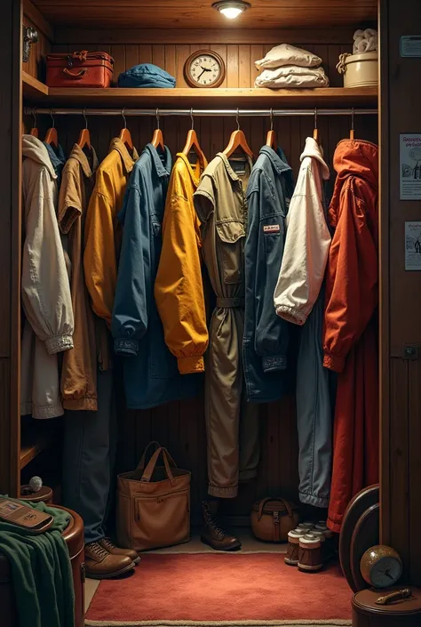 Room of a ship showing the clothes hanging on the hangers