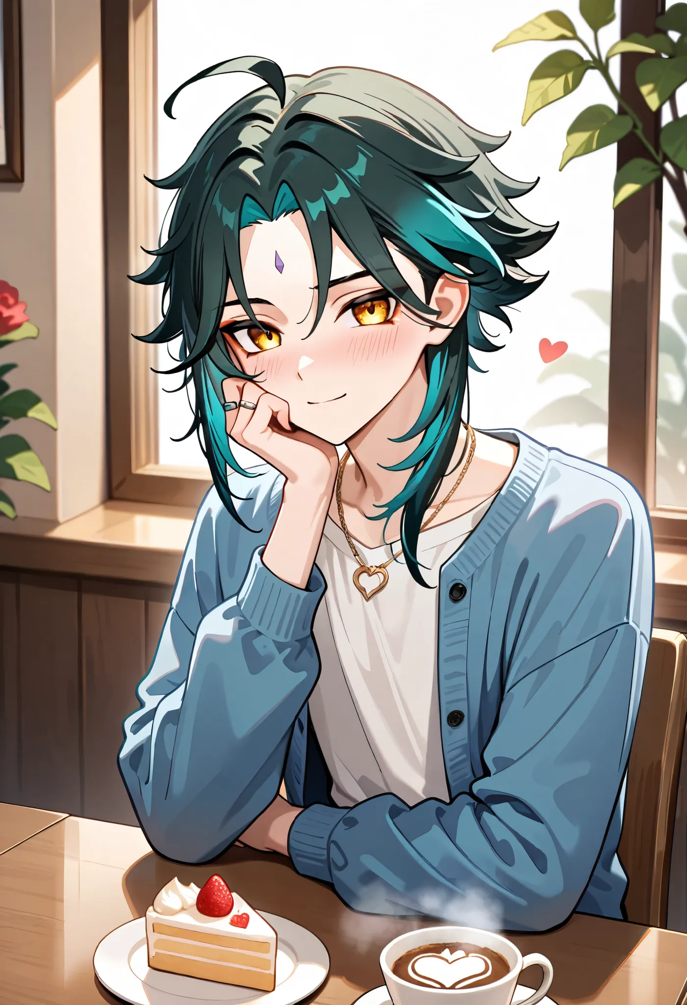 1boy, Xiao_(Genshin Impact), casual clothes, smiling slightly, shy, at a cafe, cake and cappuccino on the table, date, wearing a ring, heart necklace, looking at viewer 