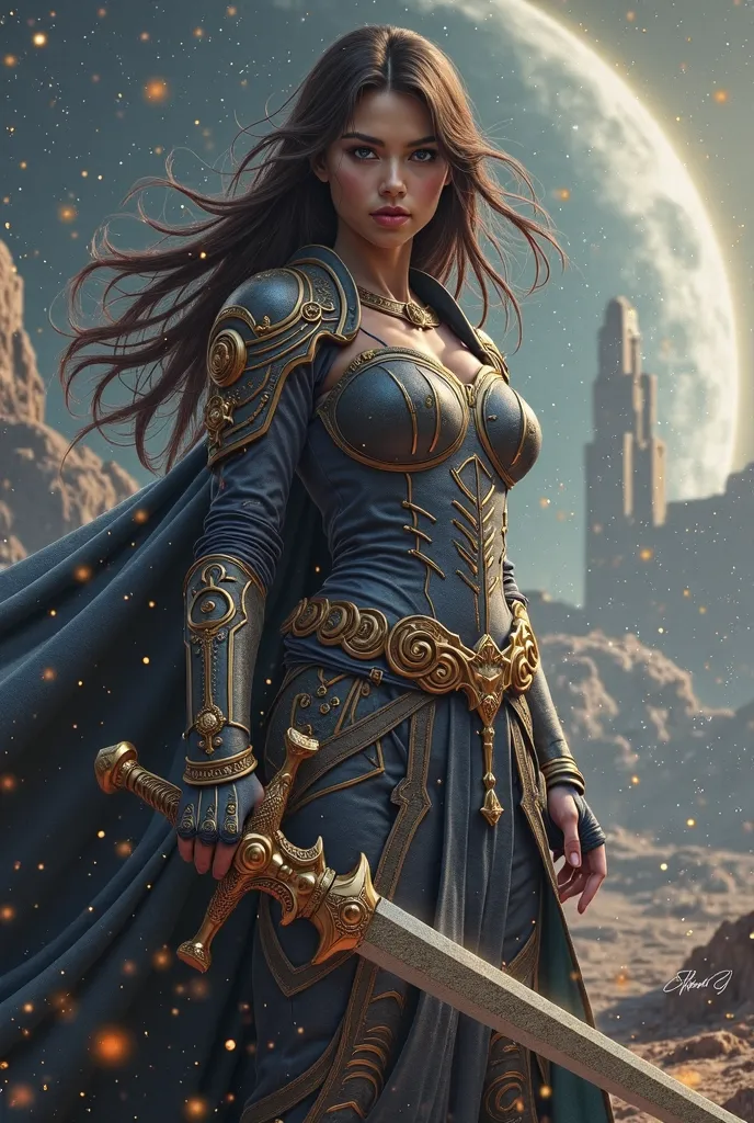 Warrior princess of the galaxies with long dark brown hair who defends the planet with her sword in her hand seen from afar