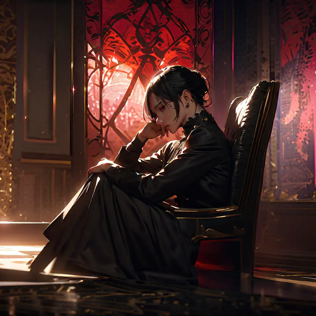 Male Hair,  ager, low, fox ears, black hair,  red eyes,  sitting on the floor, Alone, luxurious place
Black clothes