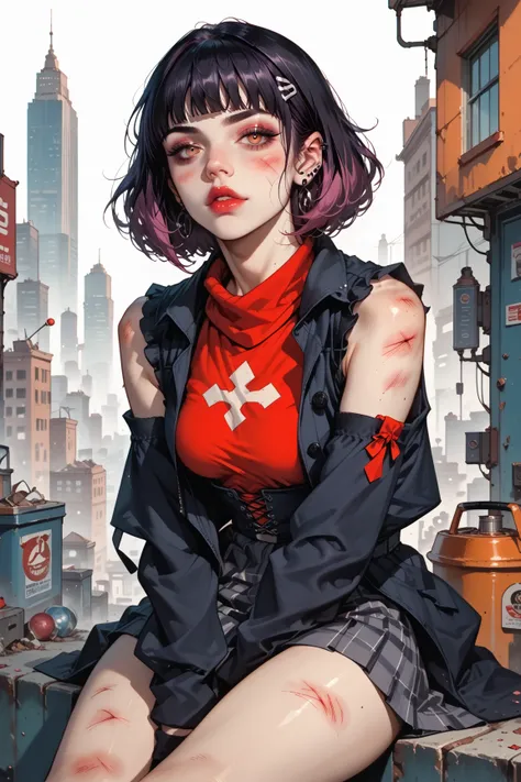 1girl, 19yo, bruised and scratched skin, heroin addict chic, bubble goth, kawaii heroin addict aesthetic, wearing arm warmers to conceal track marks, sitting on the steps of a fire escape, urban rooftop background, nighttime cityscape, gritty atmosphere, d...