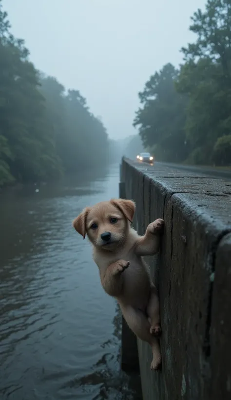 Ultra-realistic image of a small, helpless puppy dangling over the edge of a concrete bridge, full of cracks and wet on a foggy, rainy day. The puppy's paws are clinging to the rough surface, its body dangling over a river flowing under the bridge, with an...