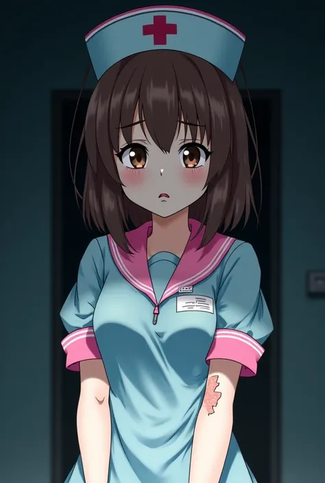 Create an image of an anime girl with straight brown hair, her hazel eyes and long eyelashes, white skin, wearing a classic light blue and pink nurse's uniform which is broken and has holes, her eyes look worried and she has a bandage on her arm. She is in...