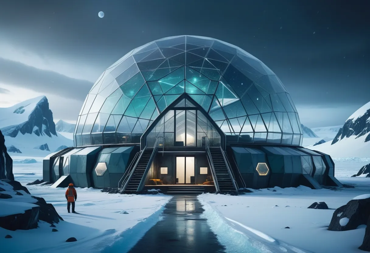 masterpiece, highres, perfect quality, focus on huge futuristic glass dome greenhouse in futuristic colony outpost in antarctica, snow and ice, at night, dark and gloomy, dystopian future, cold, industrial, no trees