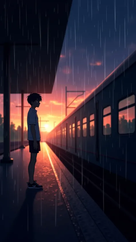 Dimly lit before dawn、A person standing alone on the platform at the station after the rain。The character is heart-wrenching with feelings for someone far away、staring at the silhouette of a train that has already departed with hollow eyes。 in the backgrou...