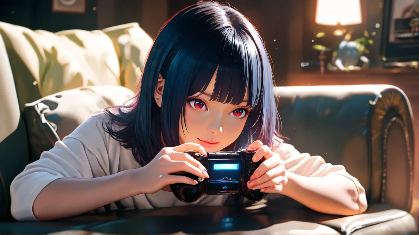 An anime girl with long dark blue hair and red eyes, When gaming with a gamepad on the couch