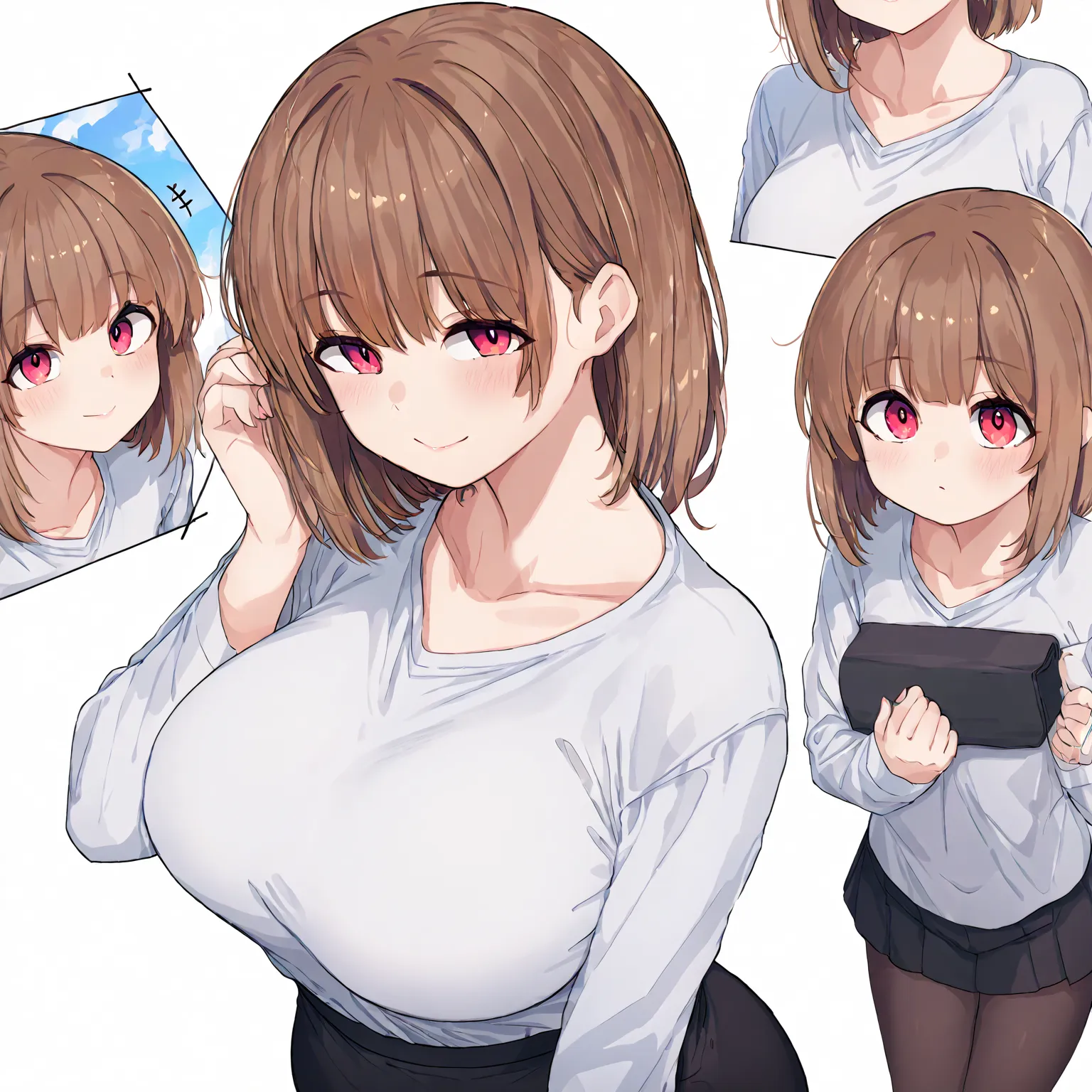 masterpiece, (((( the best quality )))), detailed face,  multiple views of the same character, model sheet,  character sheet, 1 woman, Japanese anime, shiny skin,  long sleeve white t-shirt , black skirt suit,  mini skirt,  waist-length hair ,  brown hair,...