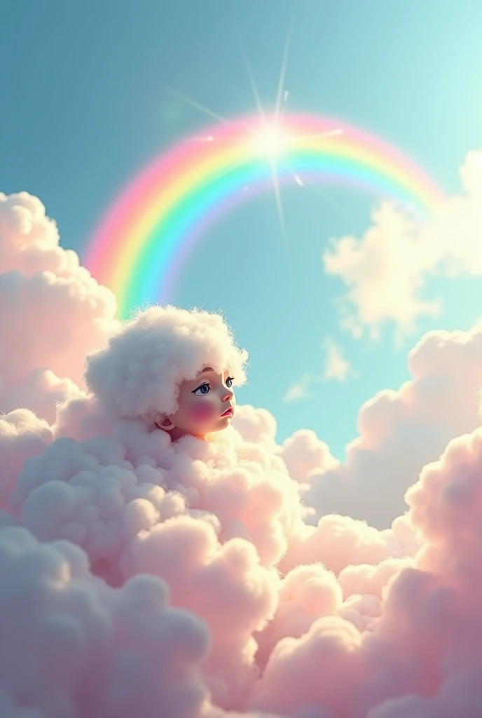 A sad little cloud looking at a fairytale-style rainbow 