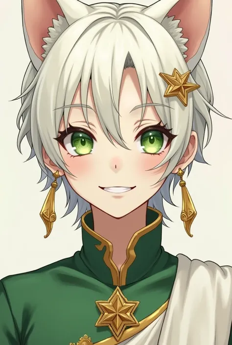 A character with a thin face and a cat's smile, With green eyes and low, fair skin with short hair in an albino tone white prince's clothing with green and gold details, Does it have gold-tone earrings on the left ear 