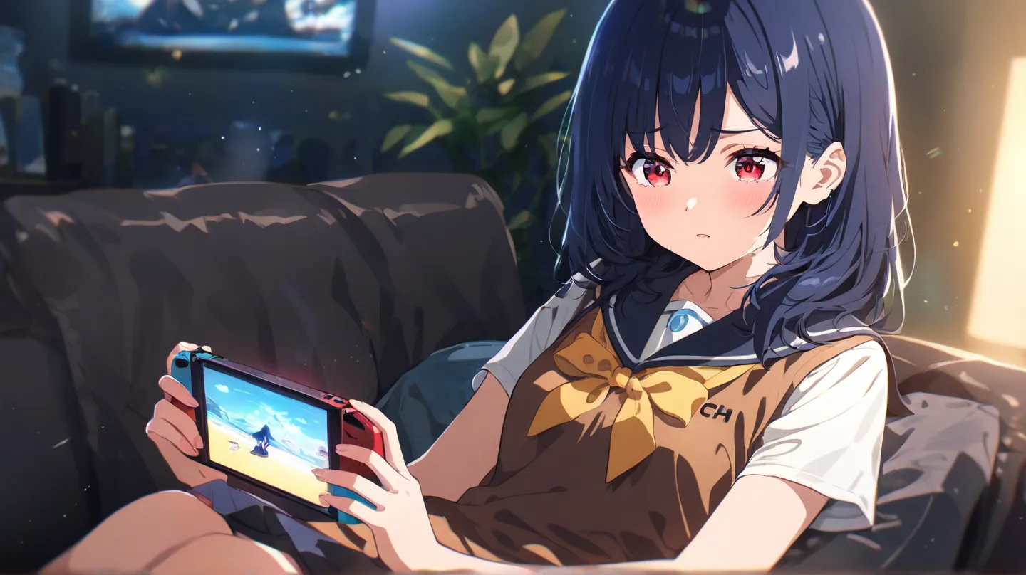 An anime girl with long dark blue hair, red eyes, When gaming with a gamepad on the couch