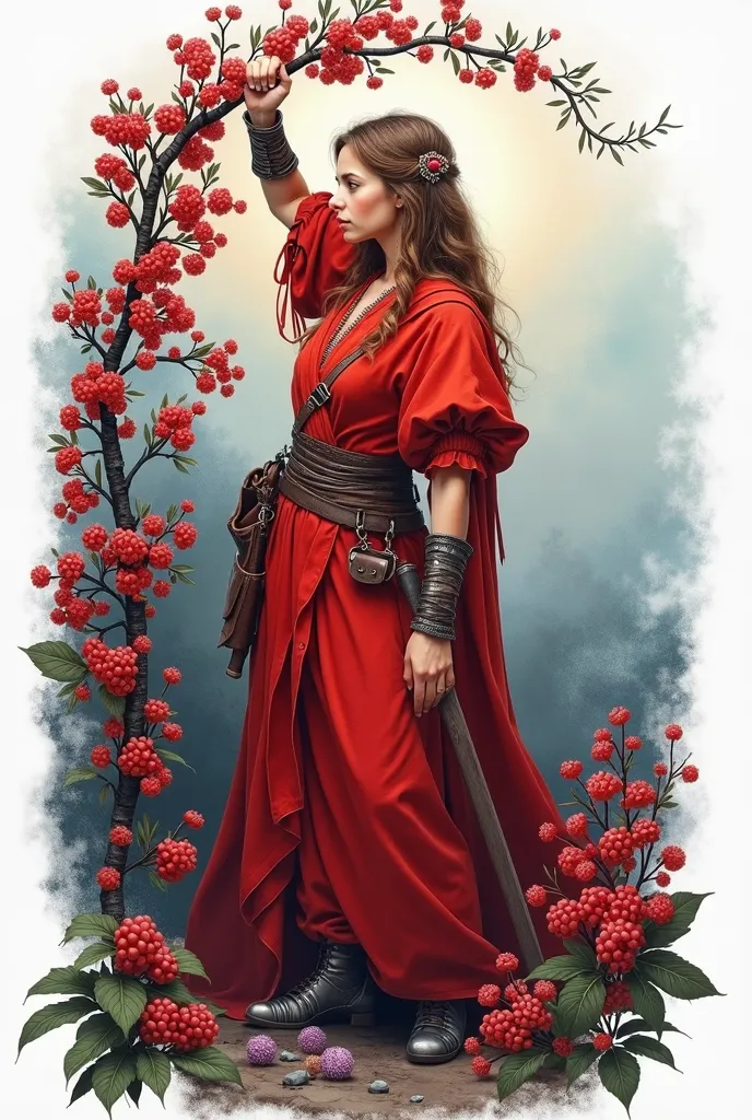  draw a picture in a similar style . The picture should show a brave girl in red, and in the background red viburnum berries. This girl symbolizes viburnum, it must have a European appearance, she must stand like a warrior, , leaning on the back leg and ra...