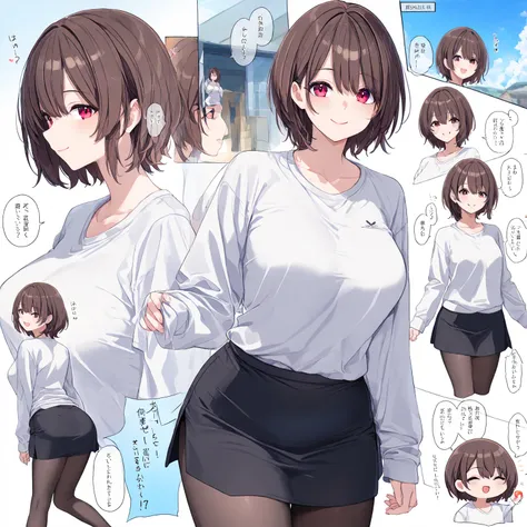 masterpiece, (((( the best quality )))), detailed face, múltiples vistas del  same character , model sheet,  character sheet, cara lateral,  same character , Japanese anime, shiny skin,  long sleeve white t-shirt , black skirt suit,  mini skirt,  waist-len...