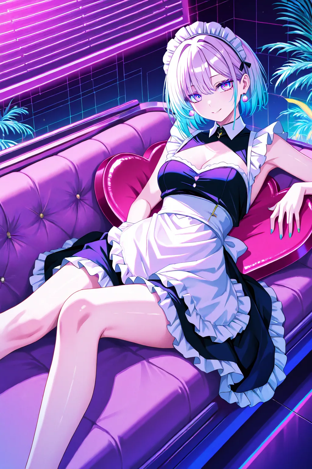 cool beauty, gradation color hair, slender body, rest, maid exotic fashion, tropical motif room, neon color, Vaporwave, girl in Heart_shaped box,