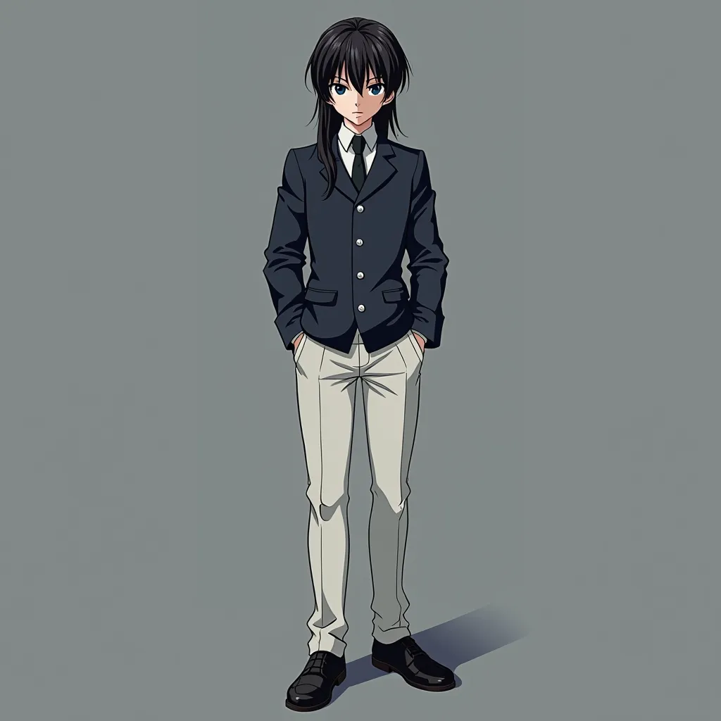 anime guy, dark black hair, dark blue eyes, dark blue school jacket, white school pants,black shoes, anime style, He stands tall, he stands tall,anime,the  hair covers the ears,anime