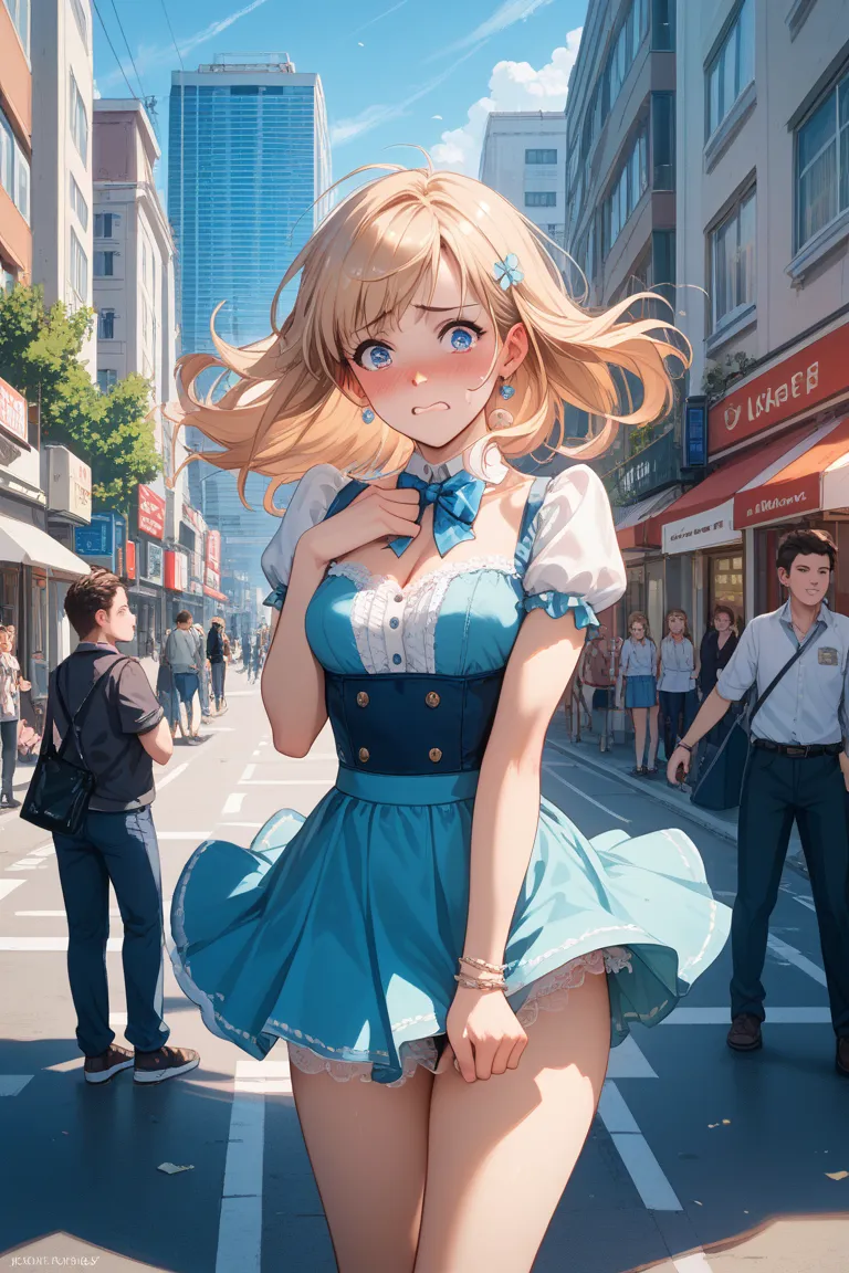 A woman with an embarrassed expression because her short skirt was hit by the wind and her sexy light blue underwear was visible
