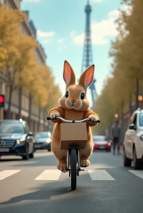 "Un jeune lapin mince nommé Léo, portant un sac de livraison, pédale sur un vélo à travers une ville animée avec de hauts gratte-ciels. Des voitures et des passants entourent la scène, mettant en avant l'atmosphère urbaine."