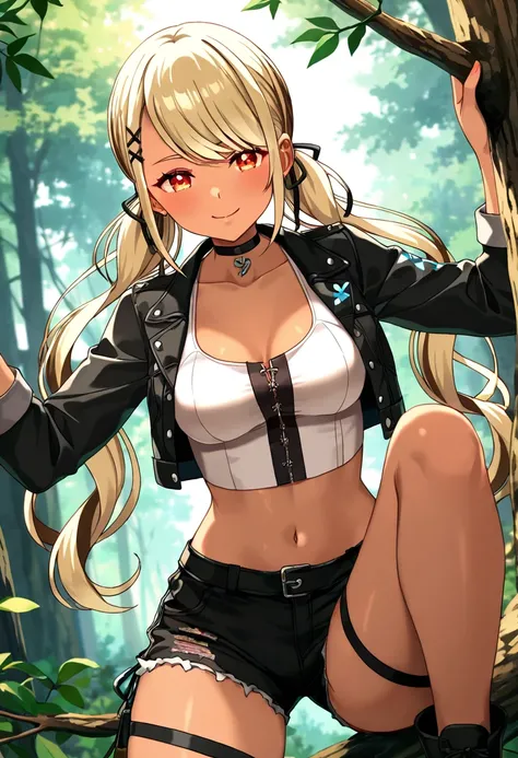 (anime screencap, masterpiece, best quality), Intricate details, indirect lighting, upper body, (Focus on the breasts), looking at viewer, 1girl, medium breasts, BREAK dark skinned female, long hair, low twintail, hair ribbon, hairclip, choker, cropped jac...