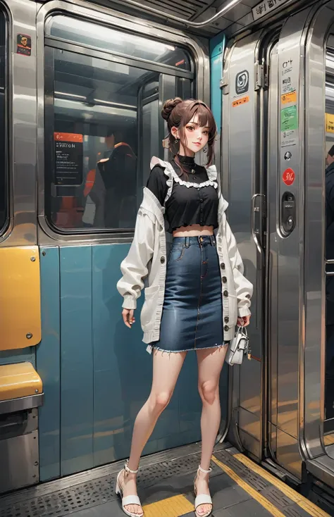 ctr-net, pretty young woman, boarding a metro train, walking along, carrying white bag, BREAK, (swept-side bang, brown hair, low single bun), BREAK, ((white long sleeves cardigan), (black round neck undershirt, ruffle undershirt), (black-gray denim pencil ...