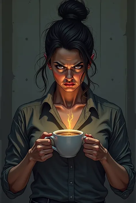 Vary Angry awakened women with cup of coffee