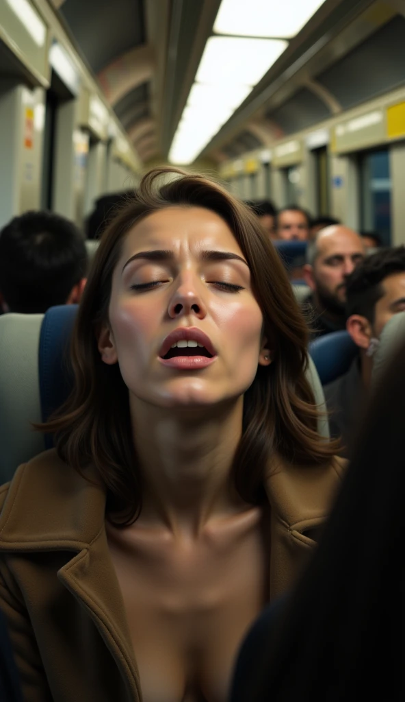    beautiful brown-haired woman   ,  Passenger Trains in Japan , Interior of a crowded car ,    Emmanuel wearing a coat  , ((    screaming orgasm   )) ,       sharp focus with eyes closed       , (    8K Ultra HD :0.8),    more details  ,    RAW Amateur Ph...