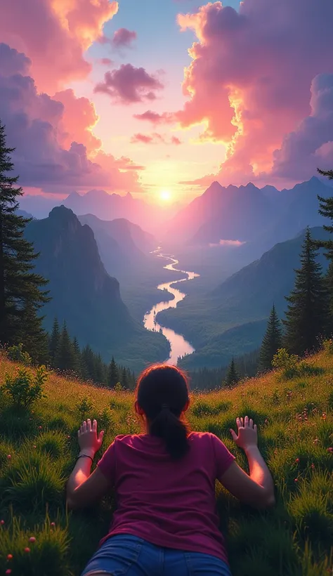 POV shot of a person waking up in the creation of the world, experiencing a breathtaking first-person view. The scene is full of vibrant, surreal colors, with the sky shifting between shades of purple, orange, and blue. The landscape is untouched and prist...